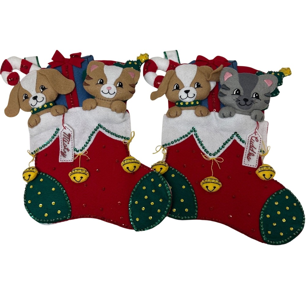 Bucilla Furry Christmas Felt Applique Stocking Set Dog Cat 83283 Completed